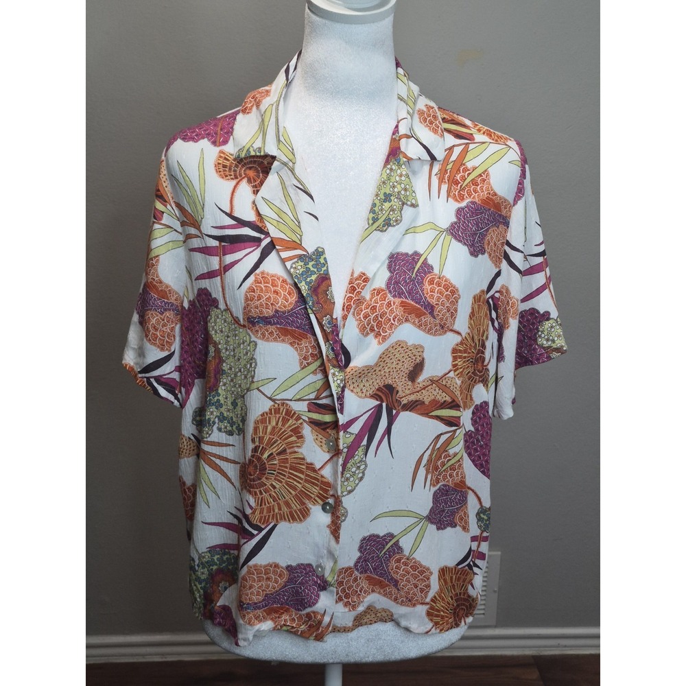 Rachel Zoe Top M Tropical Floral Button Down Shirt Boho Resort Vacation Blouse